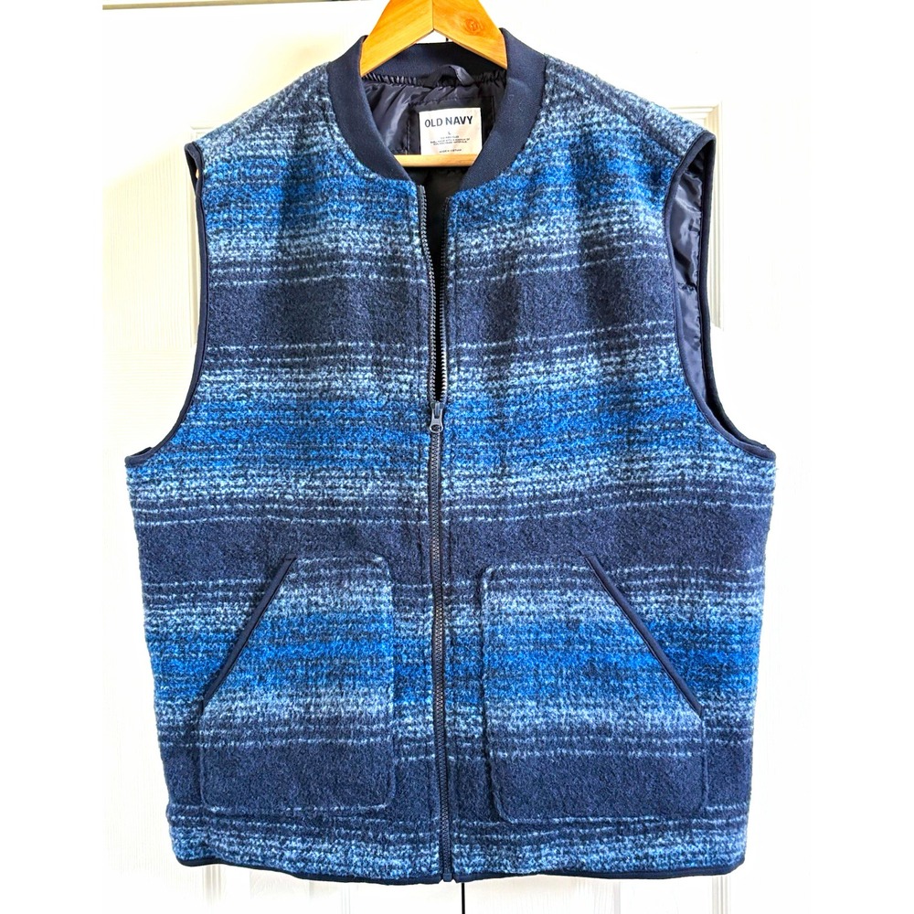 Old Navy Men's Size L Blue Stripe Colorway Full Zip Boiled Wool Blend Lined Vest